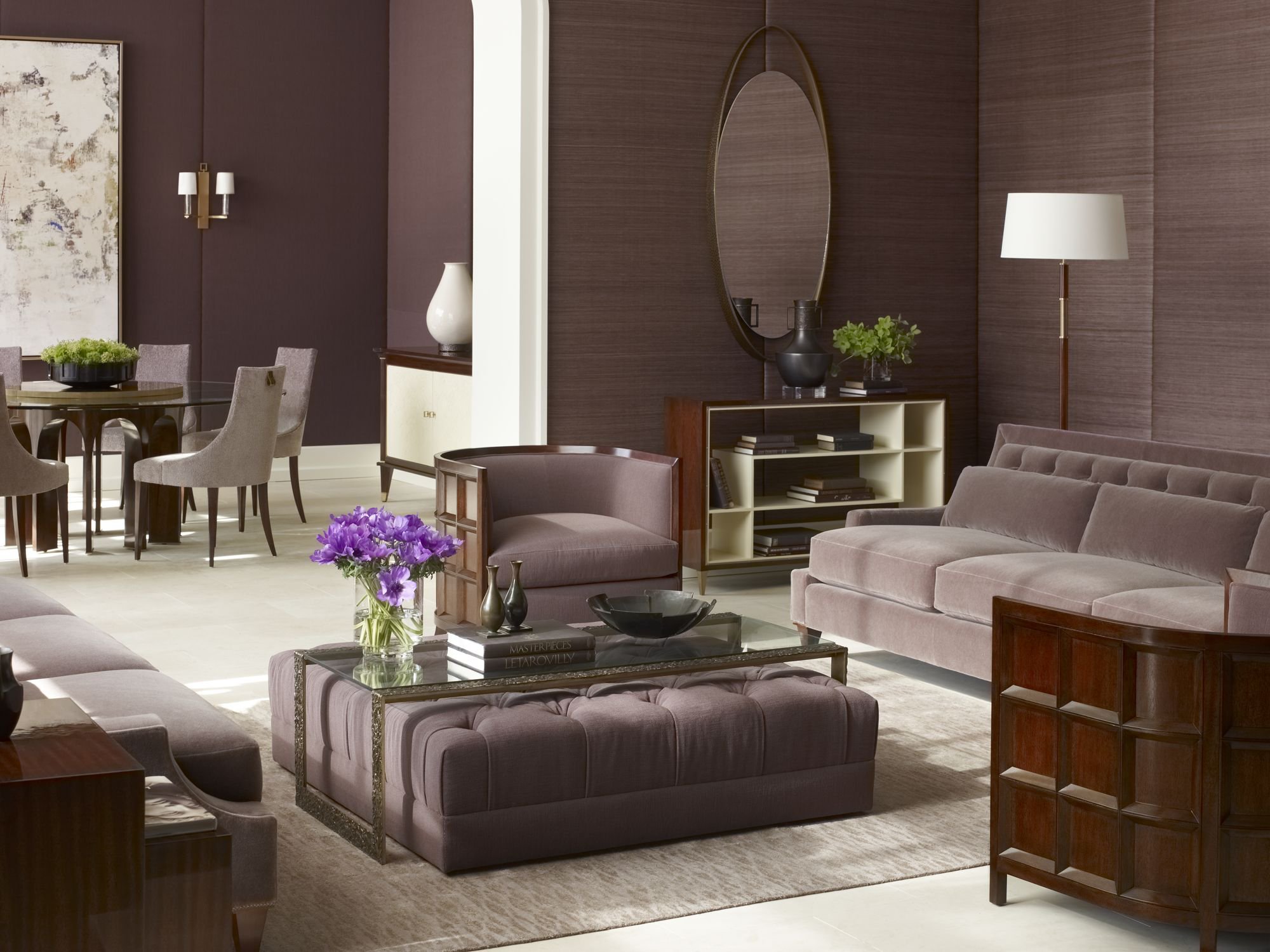 Baker Furniture living room in lavender tones with sofa, armchairs and dining area