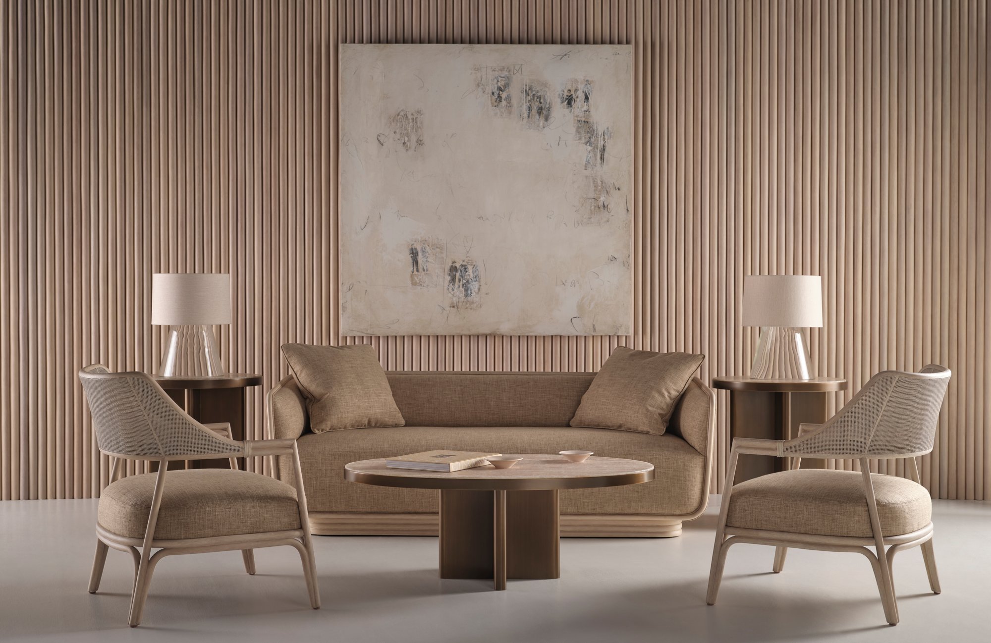 Tailored McGuire living room with sofa and woven dining chairs